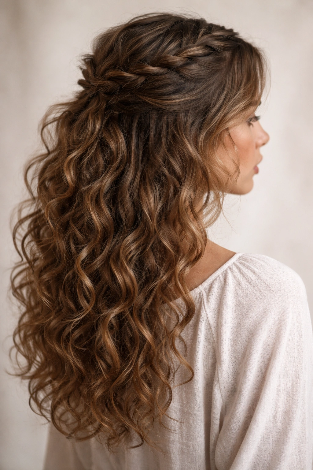 Undone French braid half-up with textured curls escaping around the braid