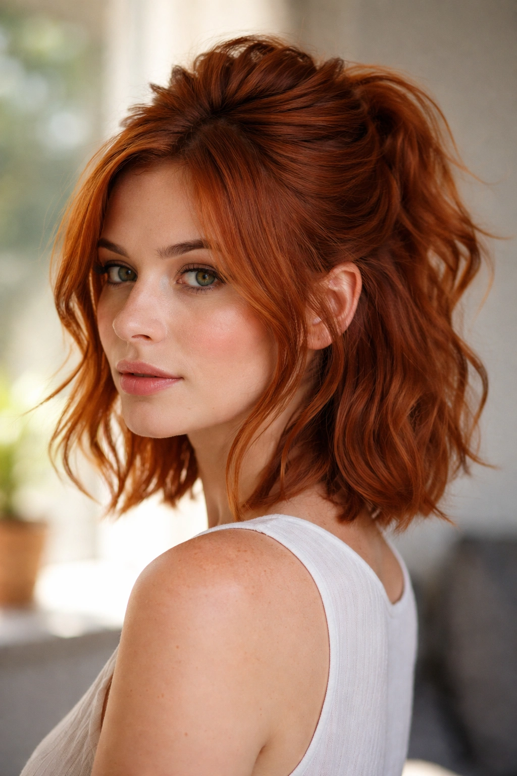 Short red hair undone half-up with crown volume