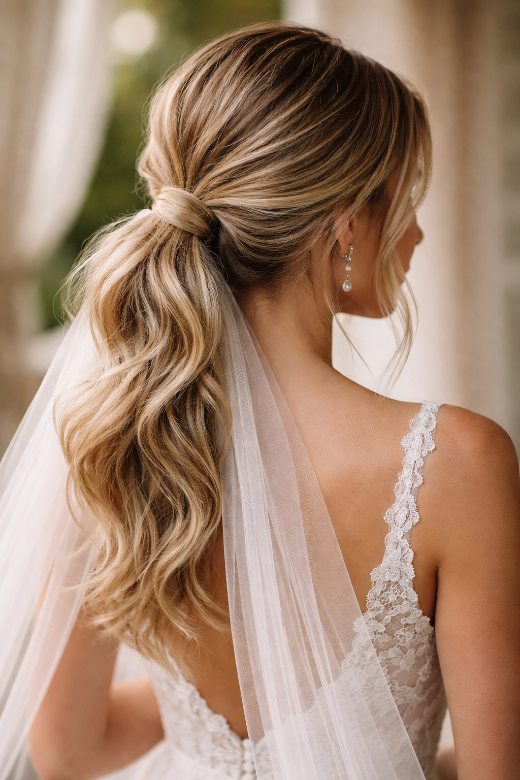 Low undone ponytail with textured waves and dimension