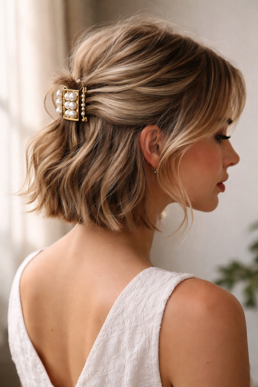 Close-up of textured short hair gathered loosely at the crown with a luxe clip