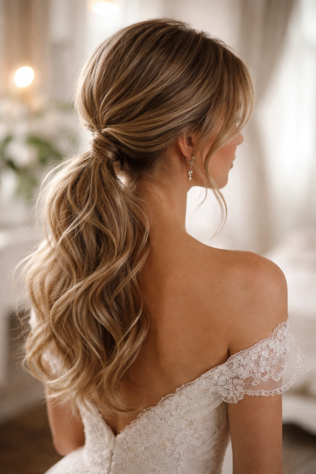 Undone romantic low ponytail with loose waves and relaxed silhouette