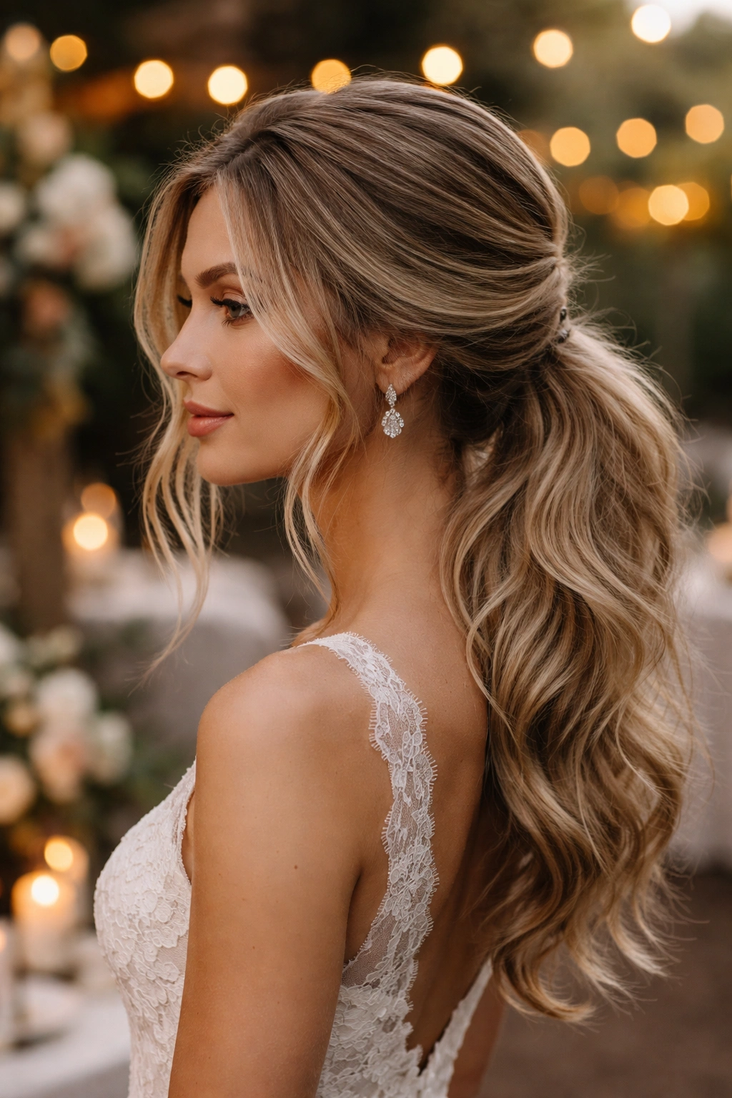 Side ponytail with deep part and loose waves for bohemian wedding look
