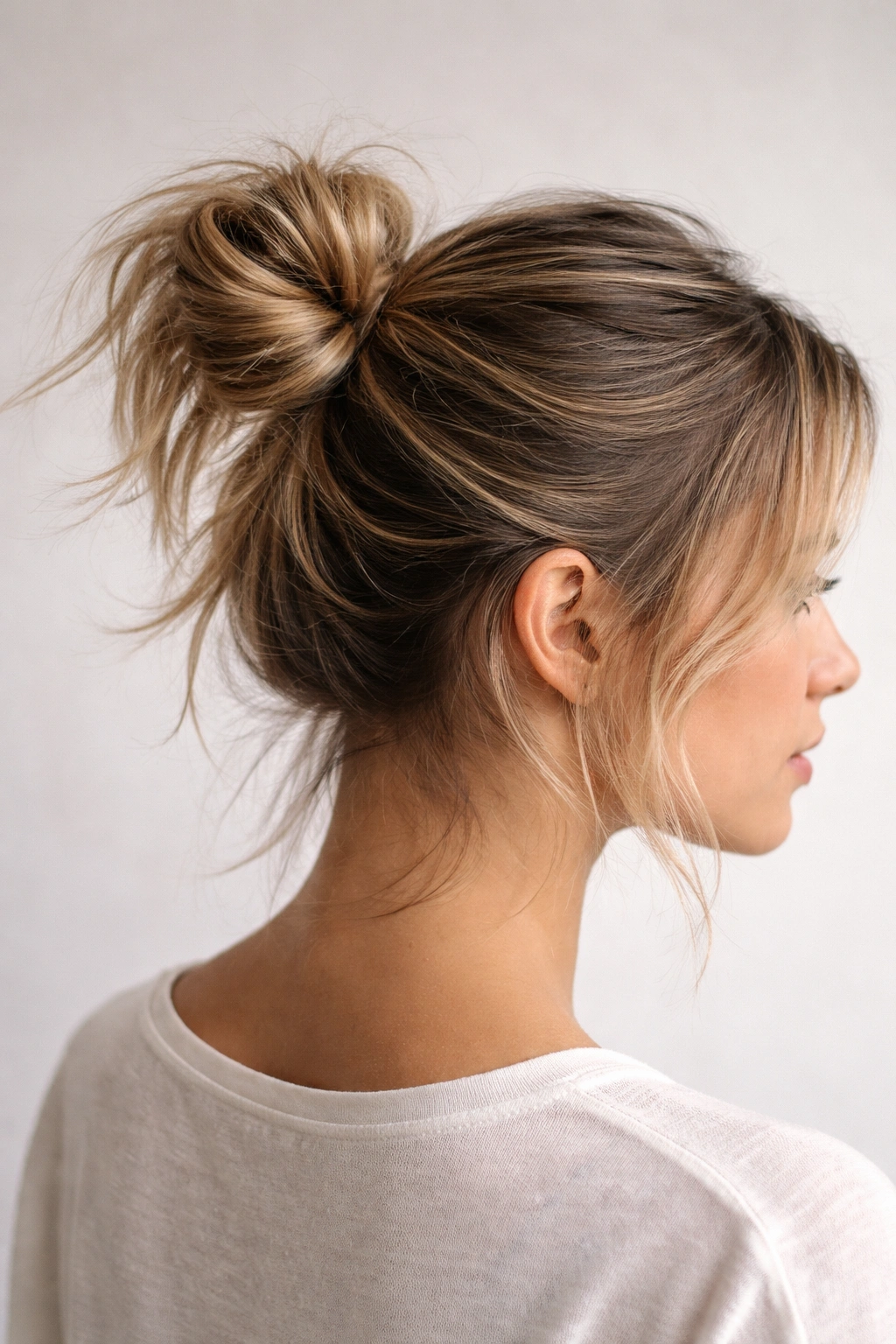 Loose top knot ponytail on short hair with escaping strands