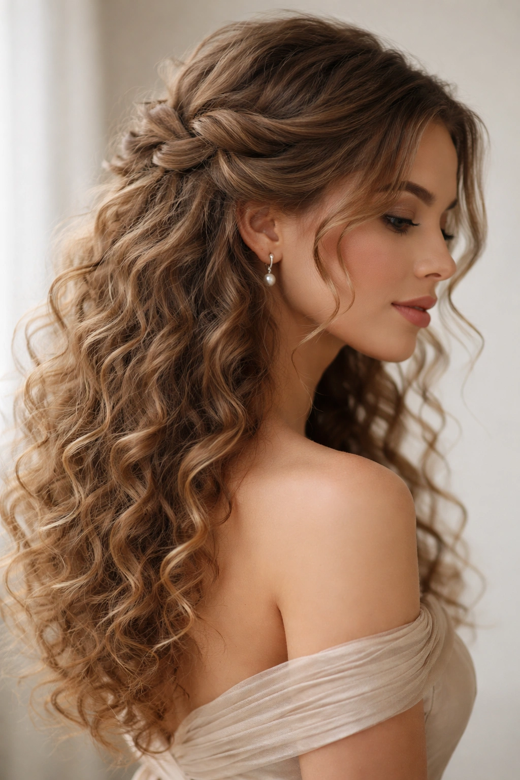 Undone twisted half-up hairstyle with visible twists on curly hair