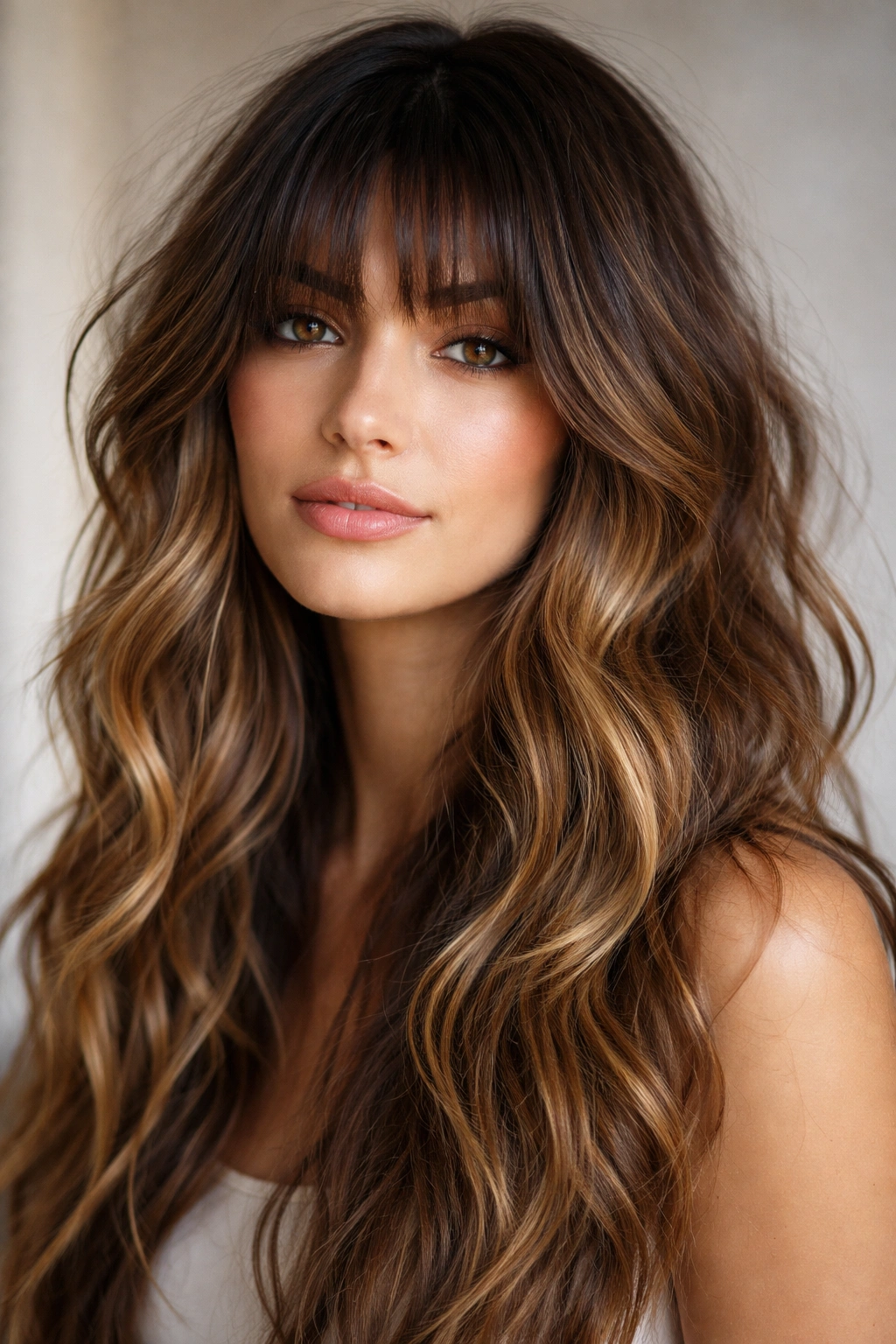 Close-up of undone waves with balayage fringe showing textured bangs and dimensional color