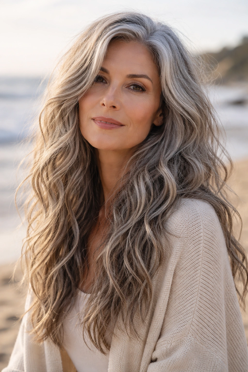 Portrait of long gray hair in effortless, undone waves with natural texture.