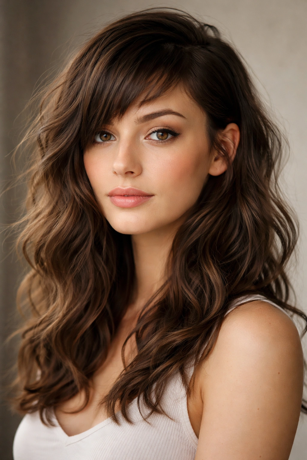 Undone waves with micro bangs swept to the side