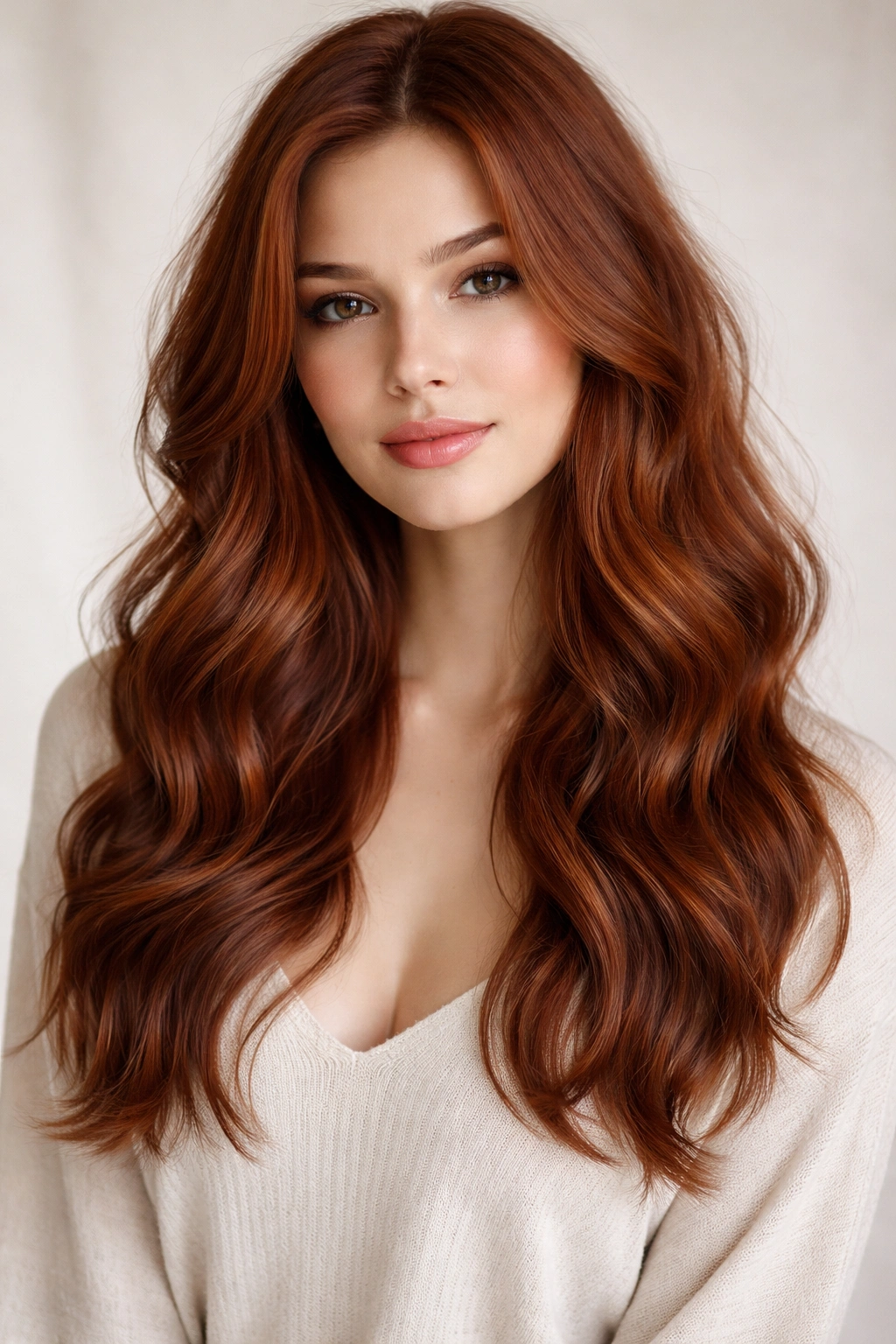 Close-up of long red hair with undone romantic waves and soft edges.