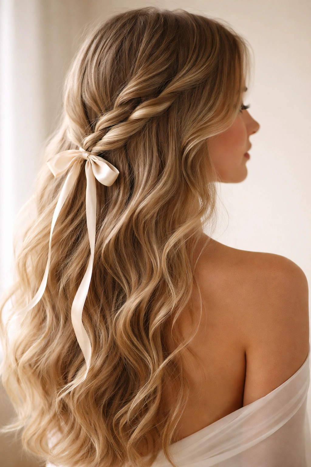 Close-up of undone wavy hair with a satin ribbon woven through on one side