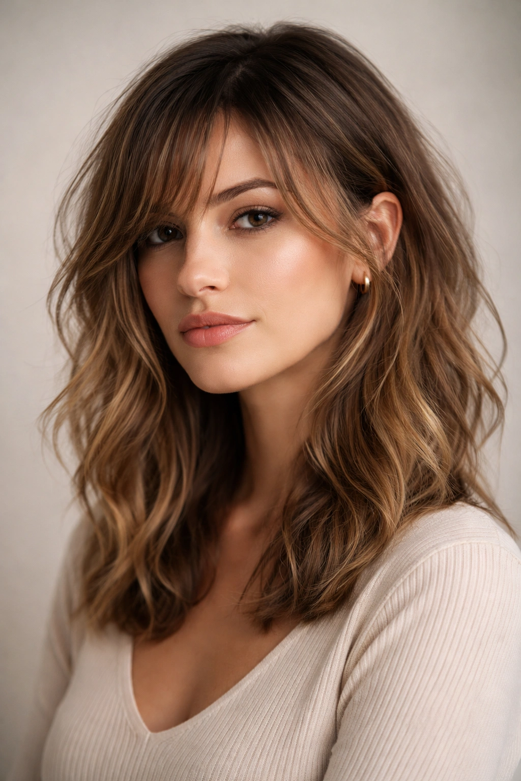 Close-up of shoulder-length wavy hair with wispy side-swept bangs.