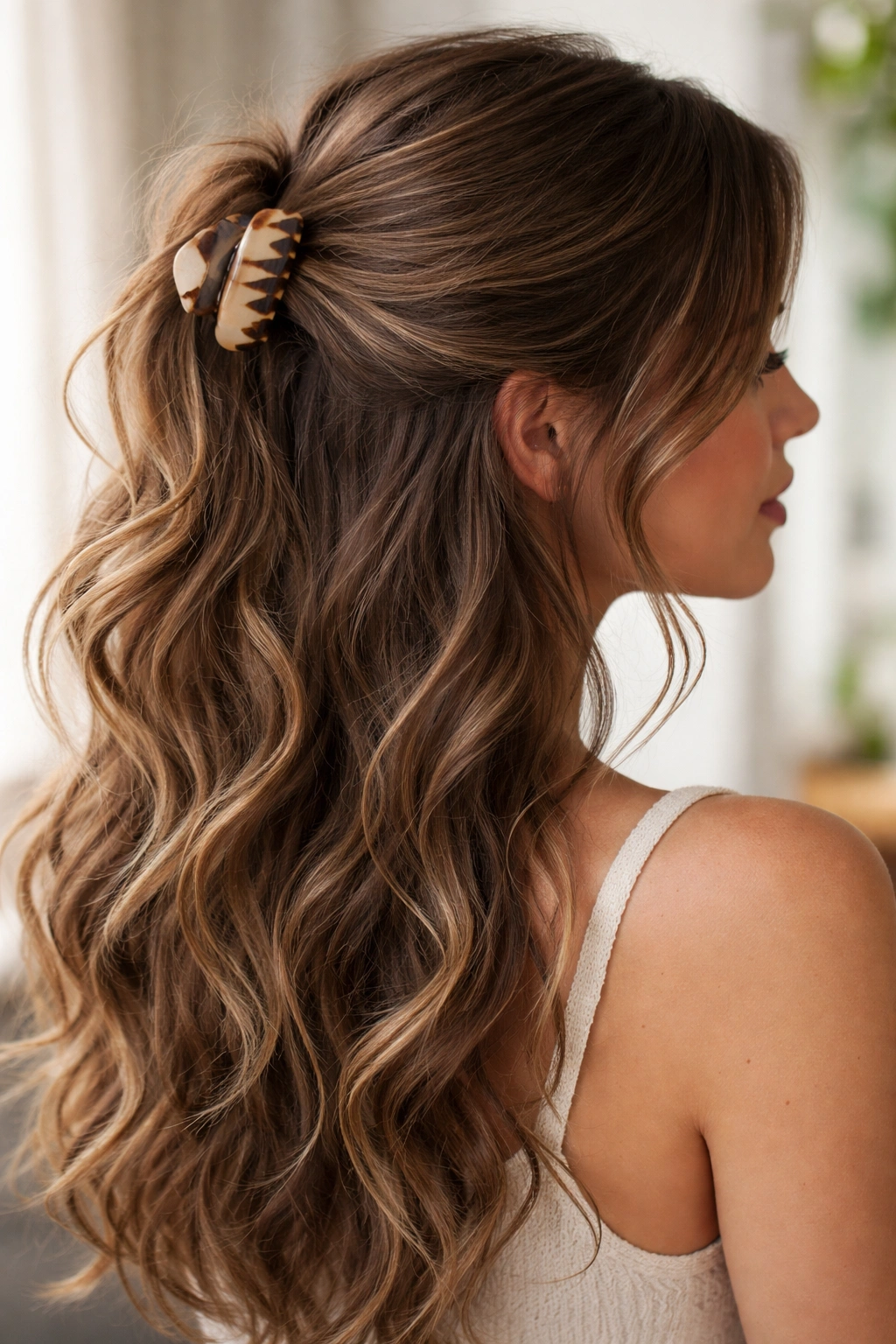 Undone wavy hairstyle with visible claw clip and loose pieces