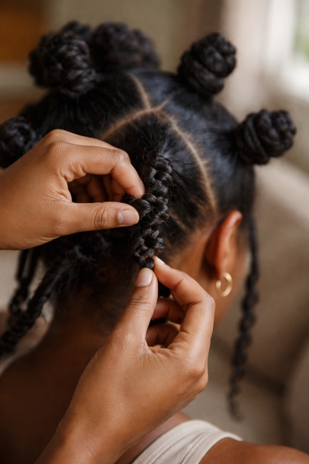 Hands unraveling a Bantu knot to reveal defined curls