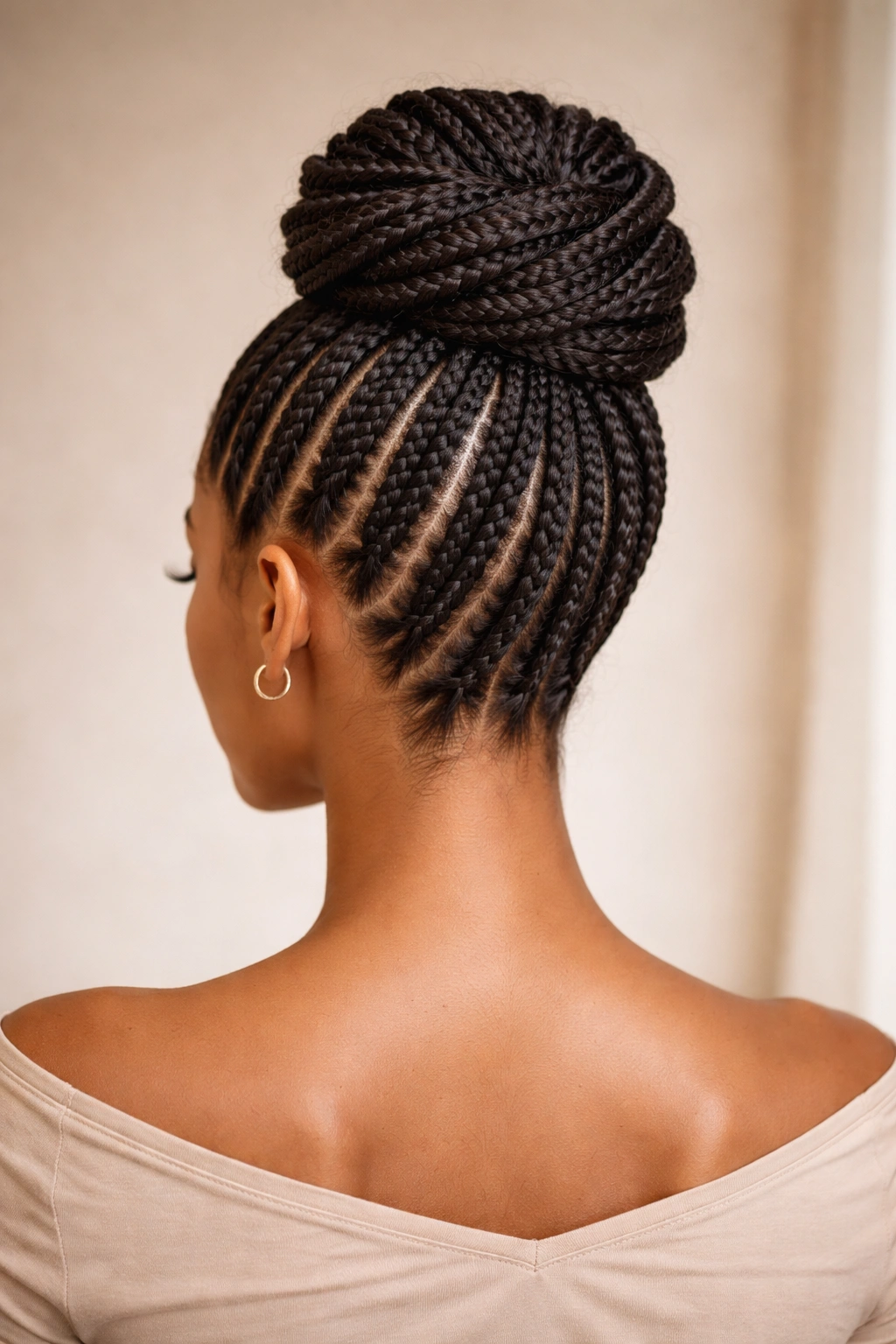Back view of feed-in cornrows forming a polished updo
