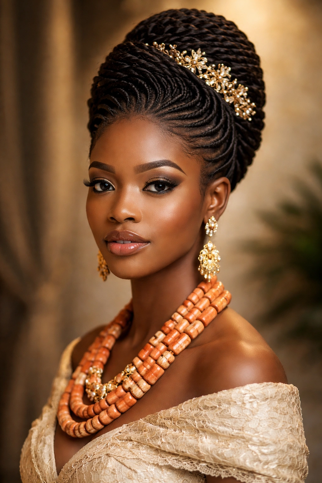Upswept crown braids rising to a crown at the top of the head