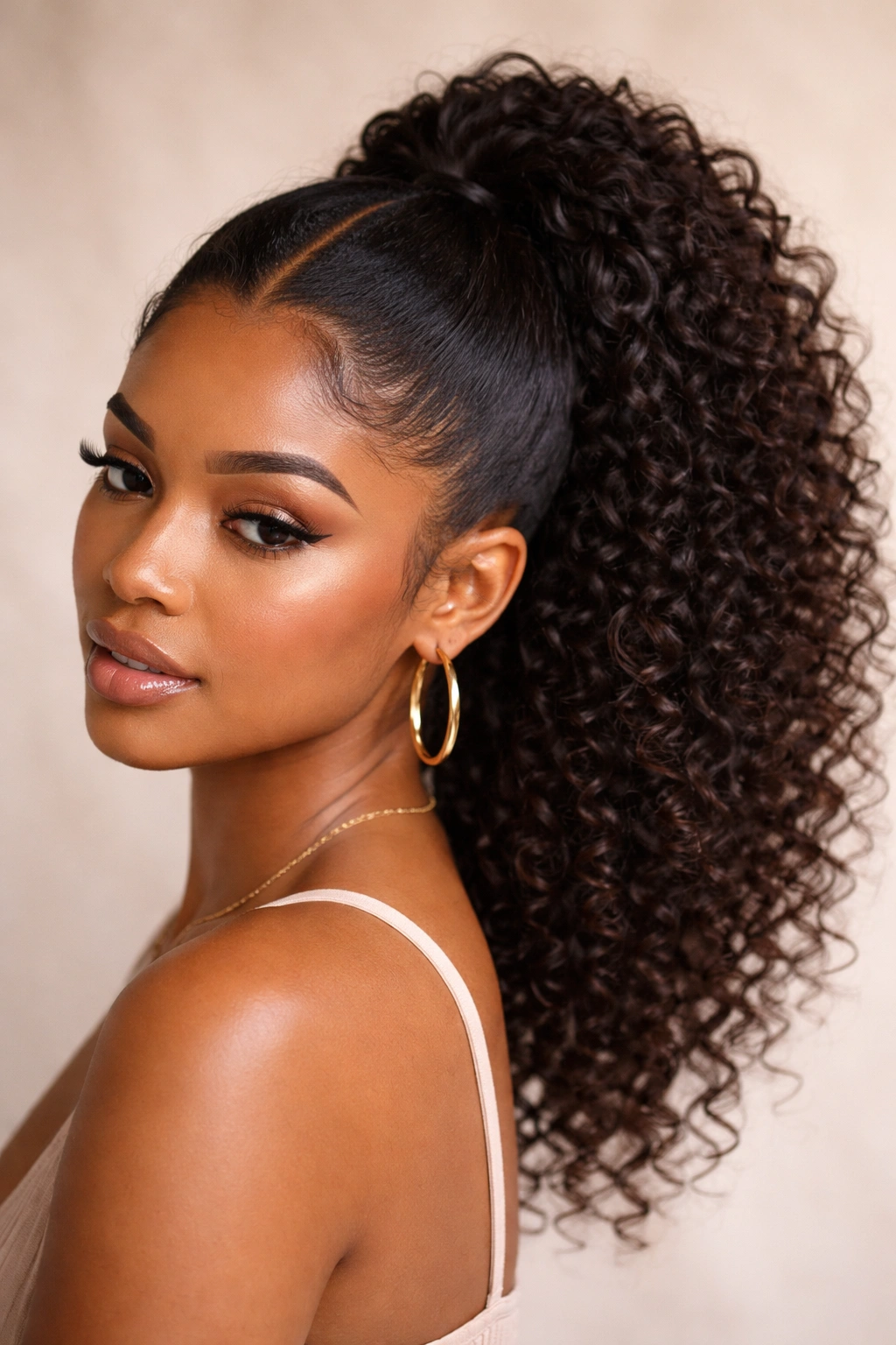 Close-up of textured curly V Part ponytail with defined V-line