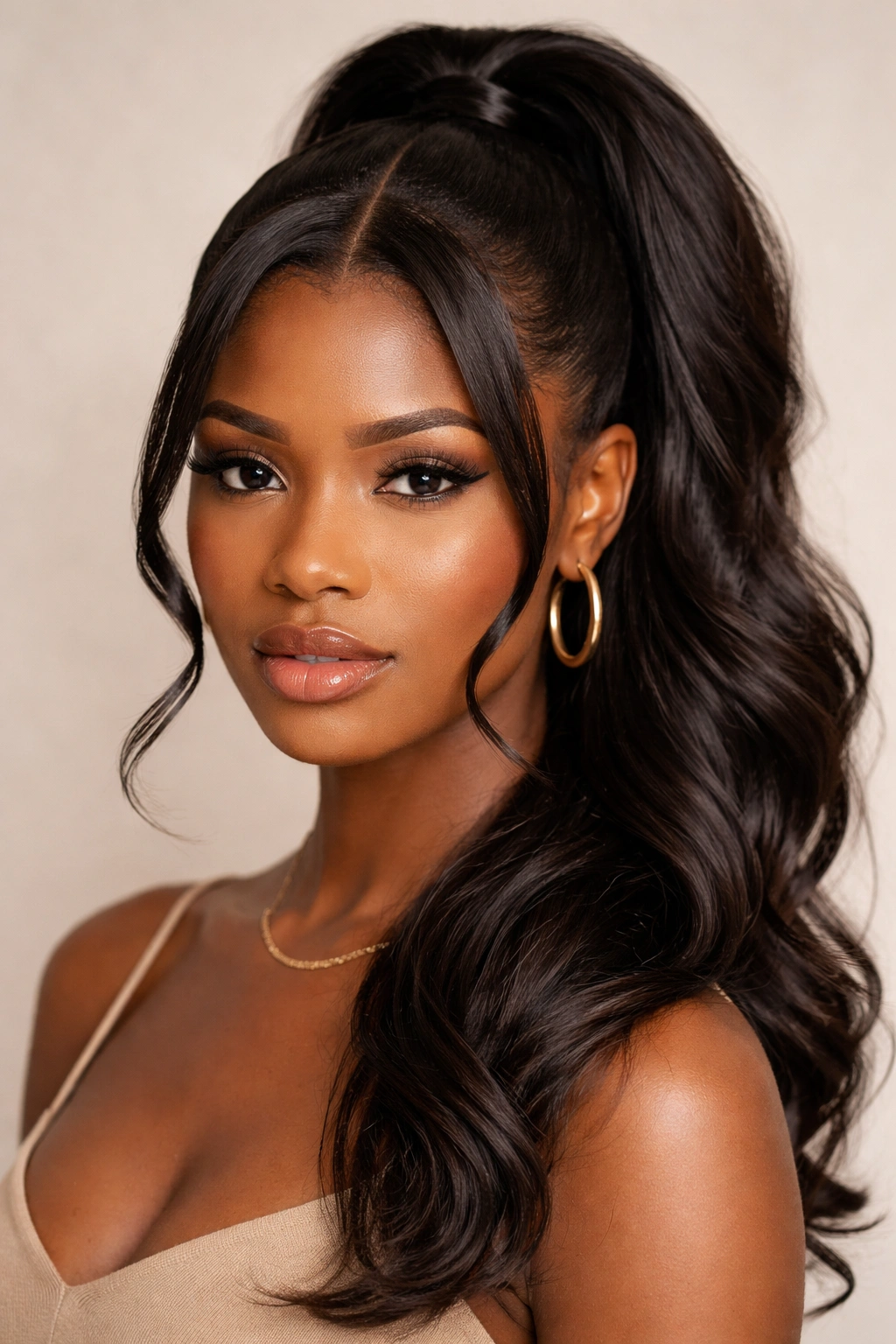 V-part hairstyle with curved swooped front framing the face.