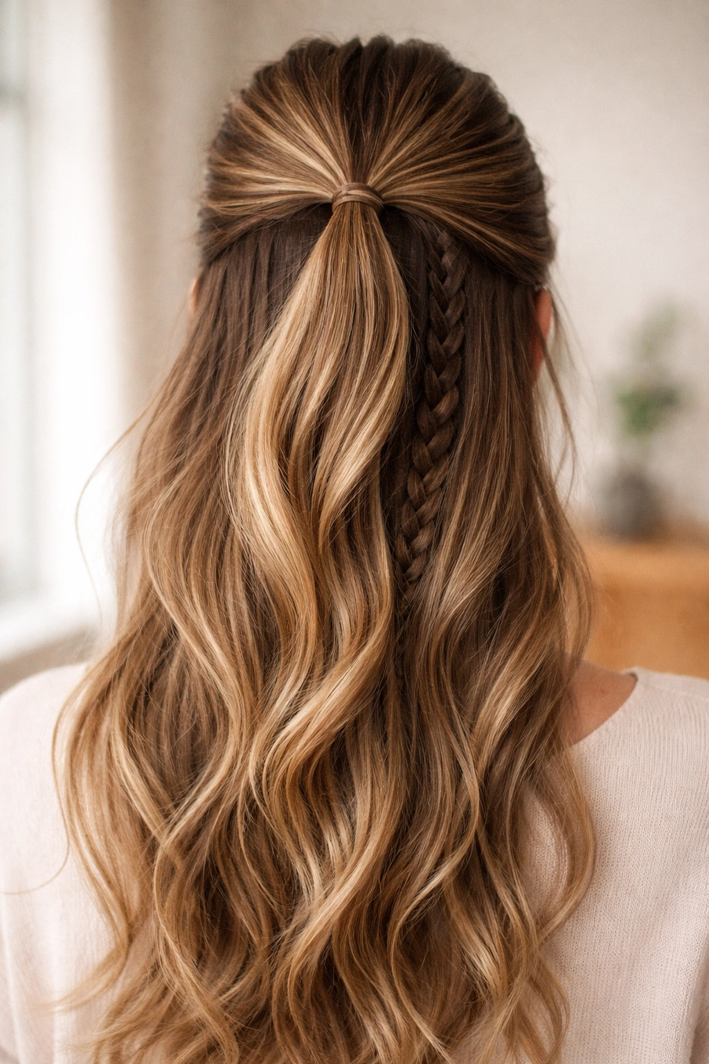 Back view of hair showing hidden underside braid in a V-part half-up ponytail