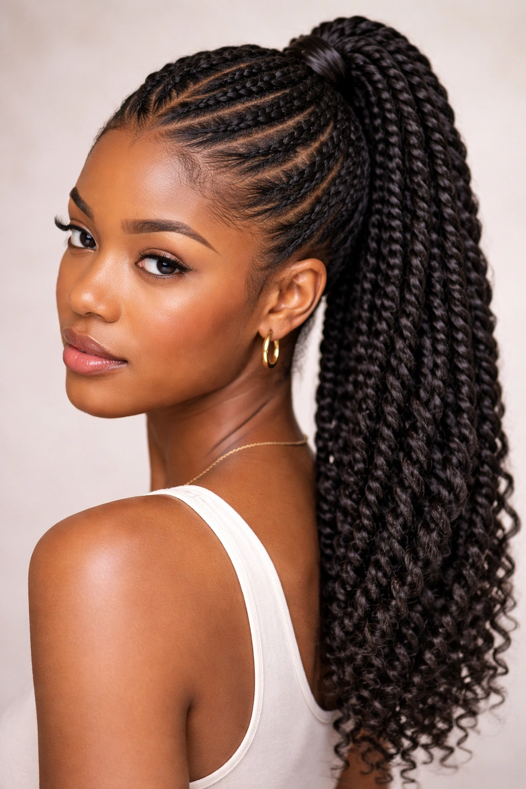 Close-up of V Part with two-strand twist ponytail showing diagonal twist texture