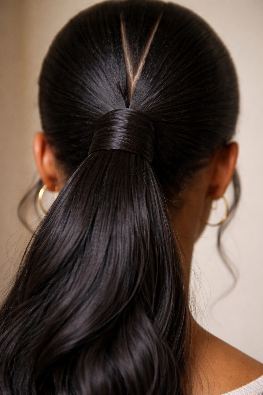 Close-up of wrapped base detail on V-part ponytail.