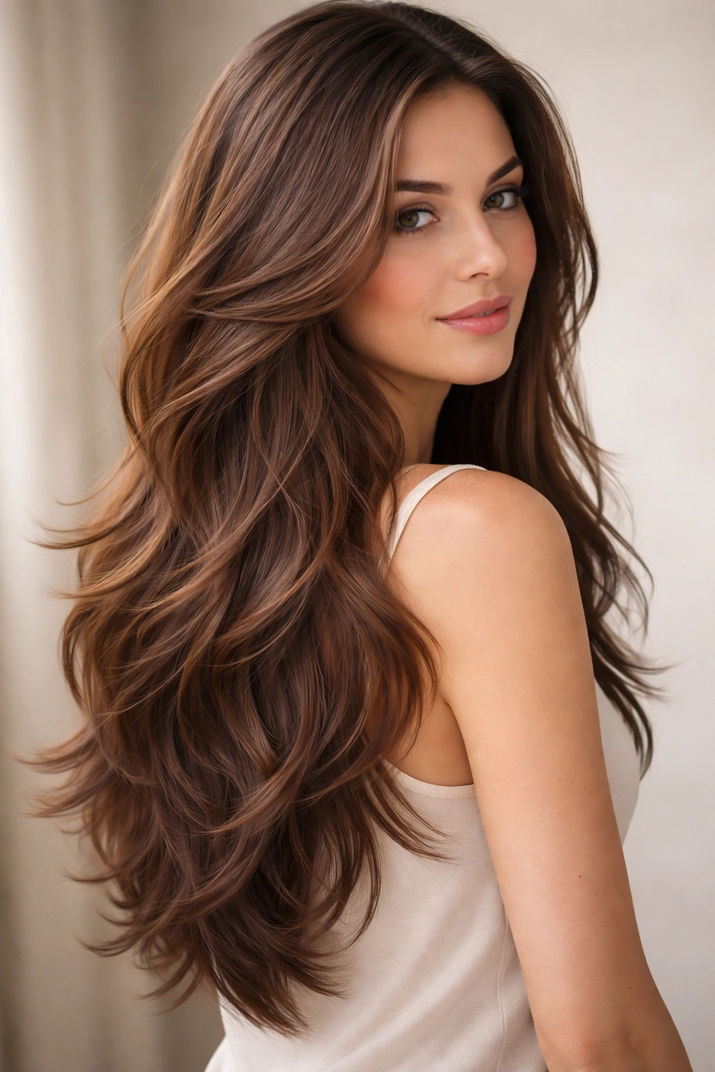 Close-up of long brown hair with a soft V-shaped graduated layer haircut