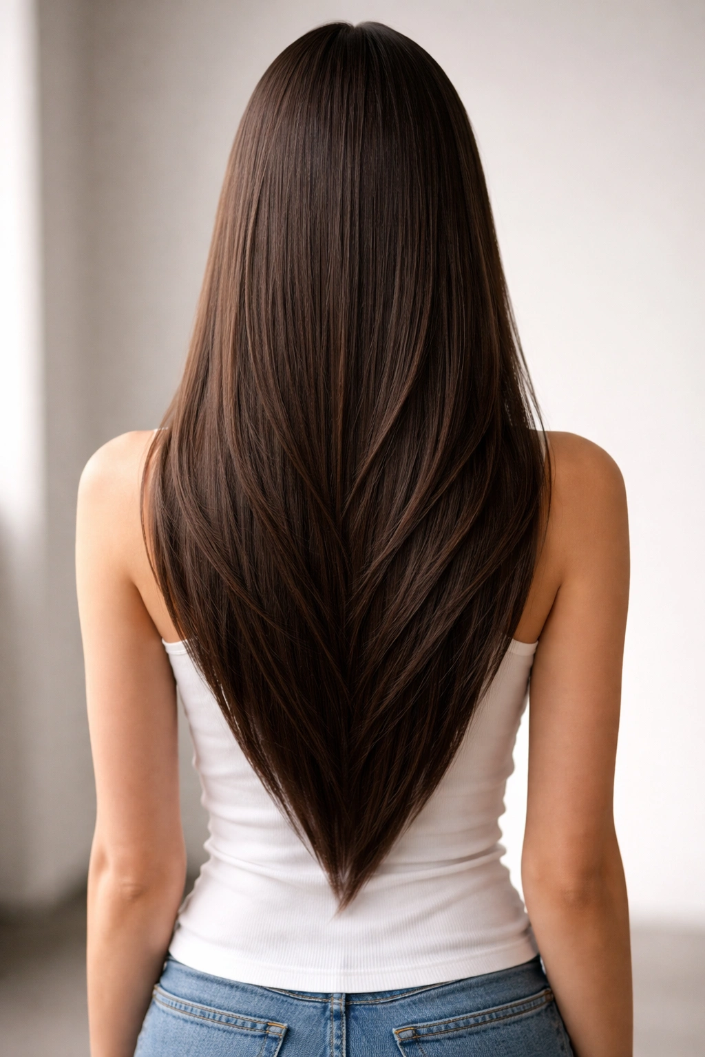 Back view of long straight hair forming a V-shaped silhouette