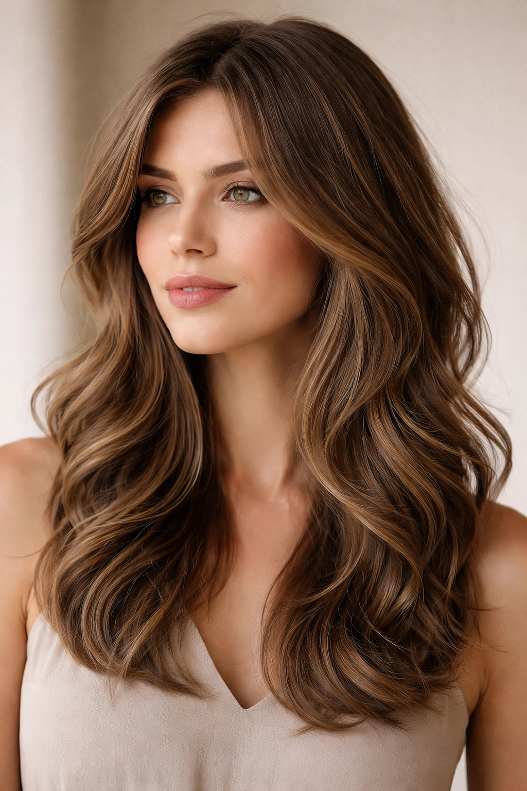 Head-and-shoulders with subtle V-shaped layers framing the face