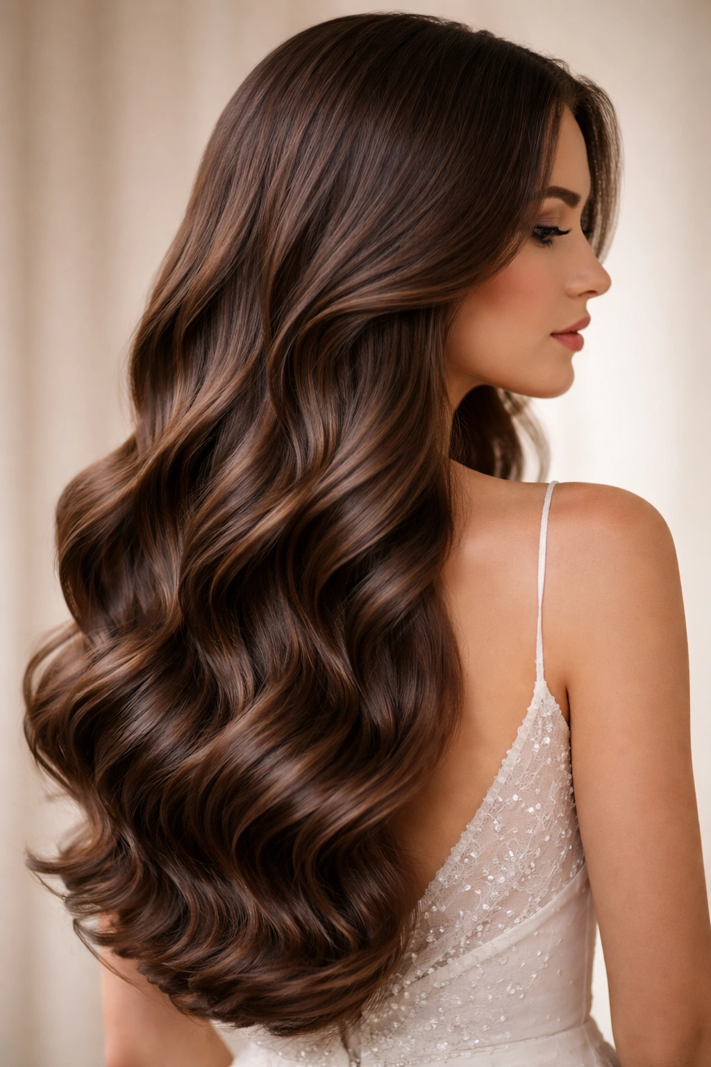Long hair styled in romantic V-shaped waves for a prom hairstyle