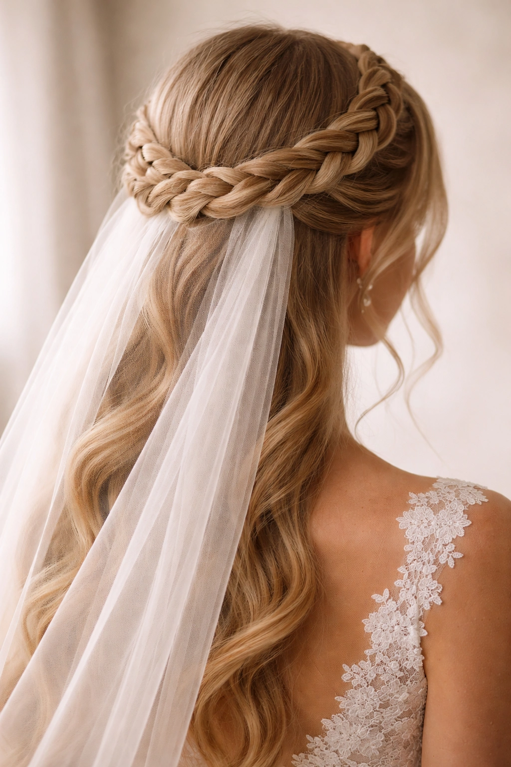 Bridal braid with veil integrated into the crown