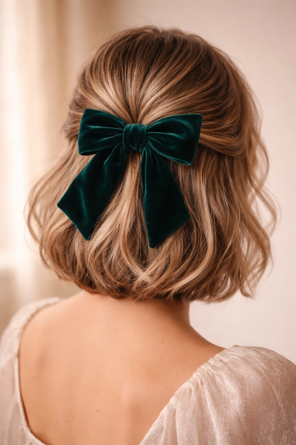 Short hair with a velvet bow half-up for a vintage-inspired look