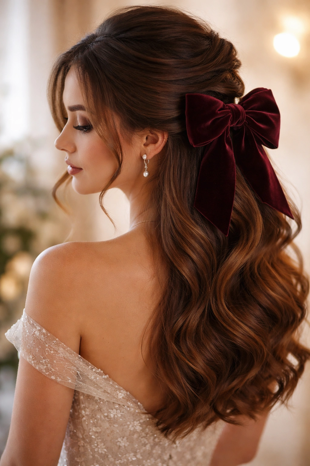 Half up with velvet bow showing a plush velvet bow at the base