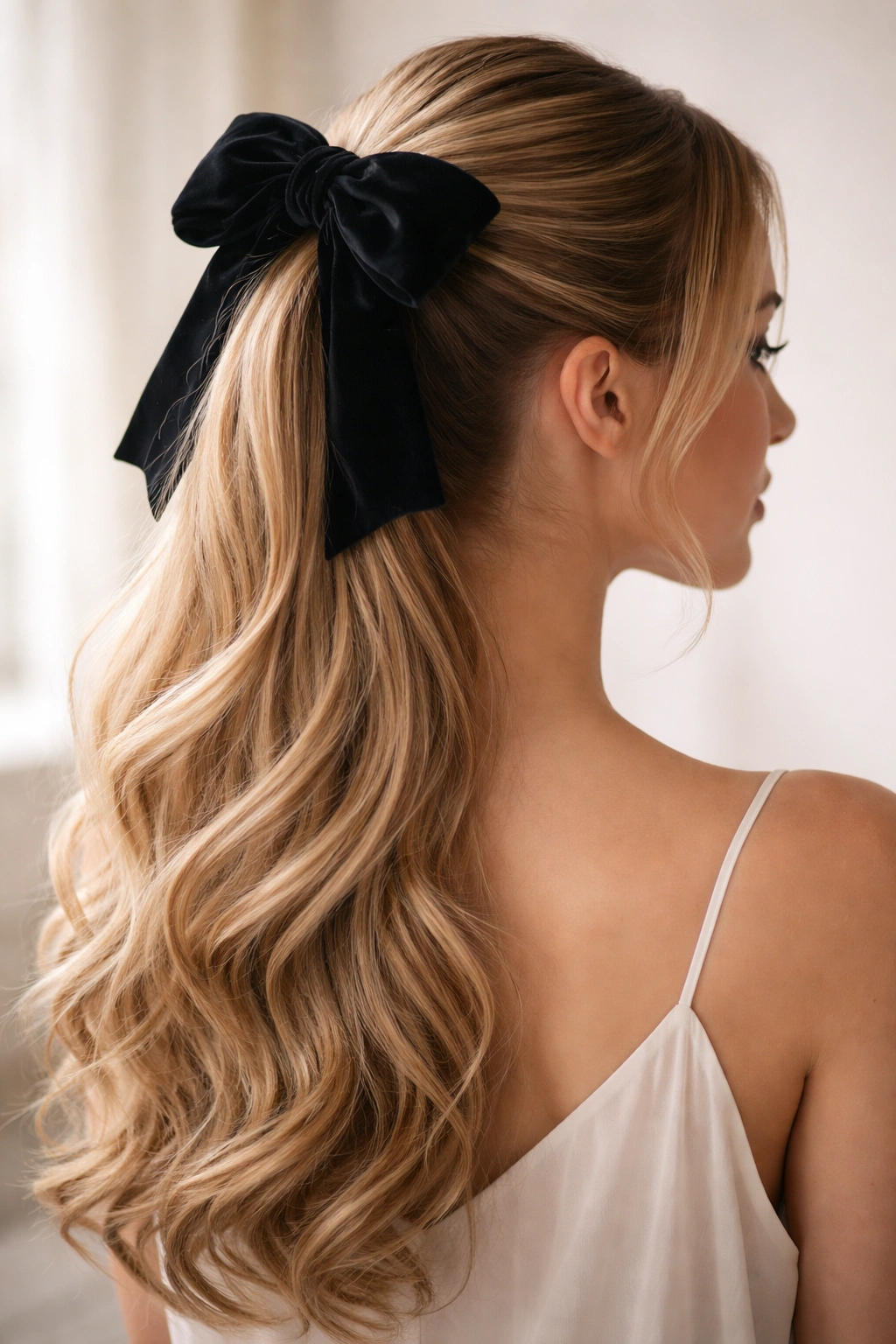 Close-up of a classic high ponytail with velvet bow at crown, polished half-up hairstyle