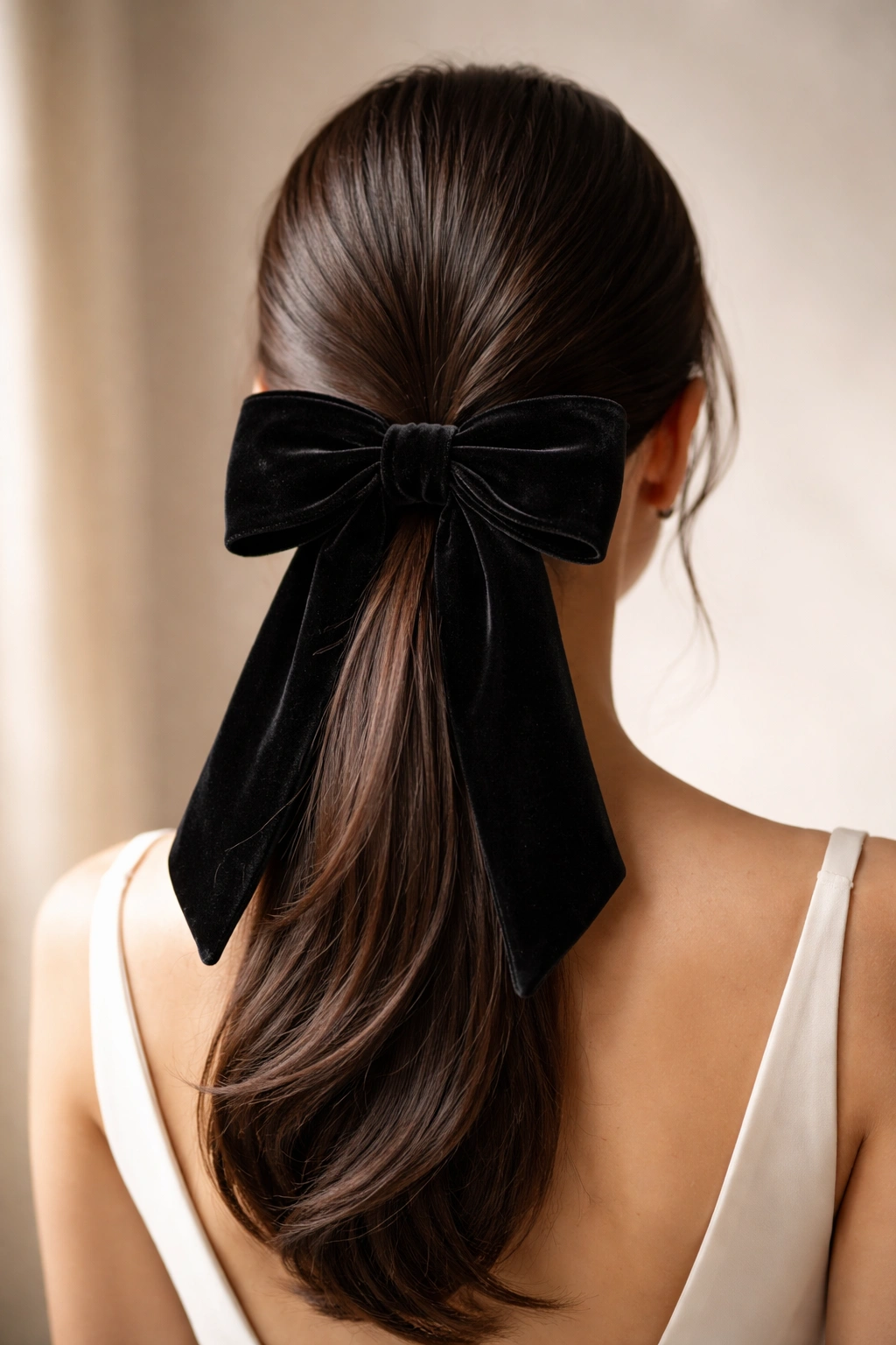 Back view of a sleek low ponytail with a velvet bow