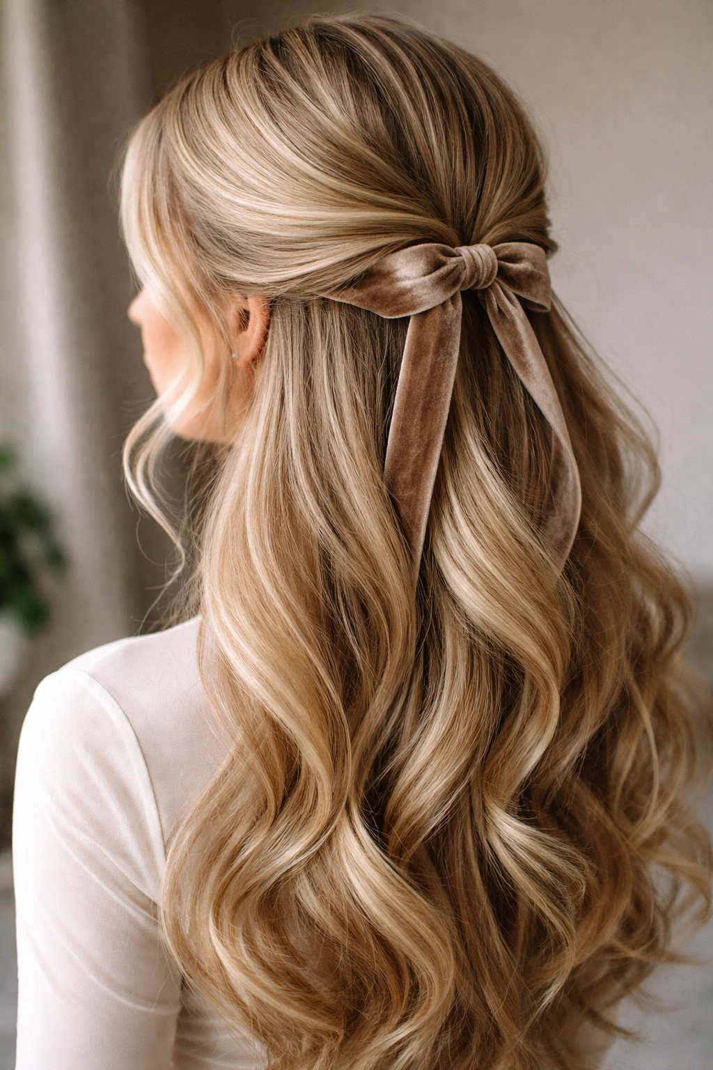 Blonde hair with velvet ribbon woven at the base of the half-up section