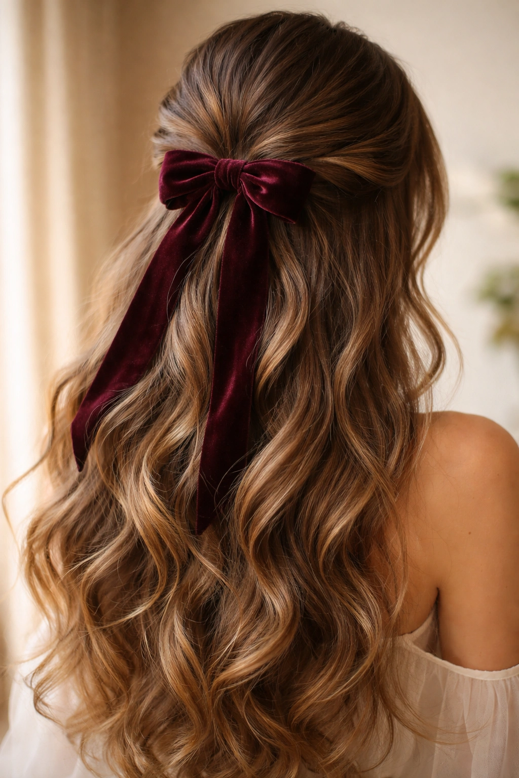 Velvet ribbon accent woven through half-up hairstyle