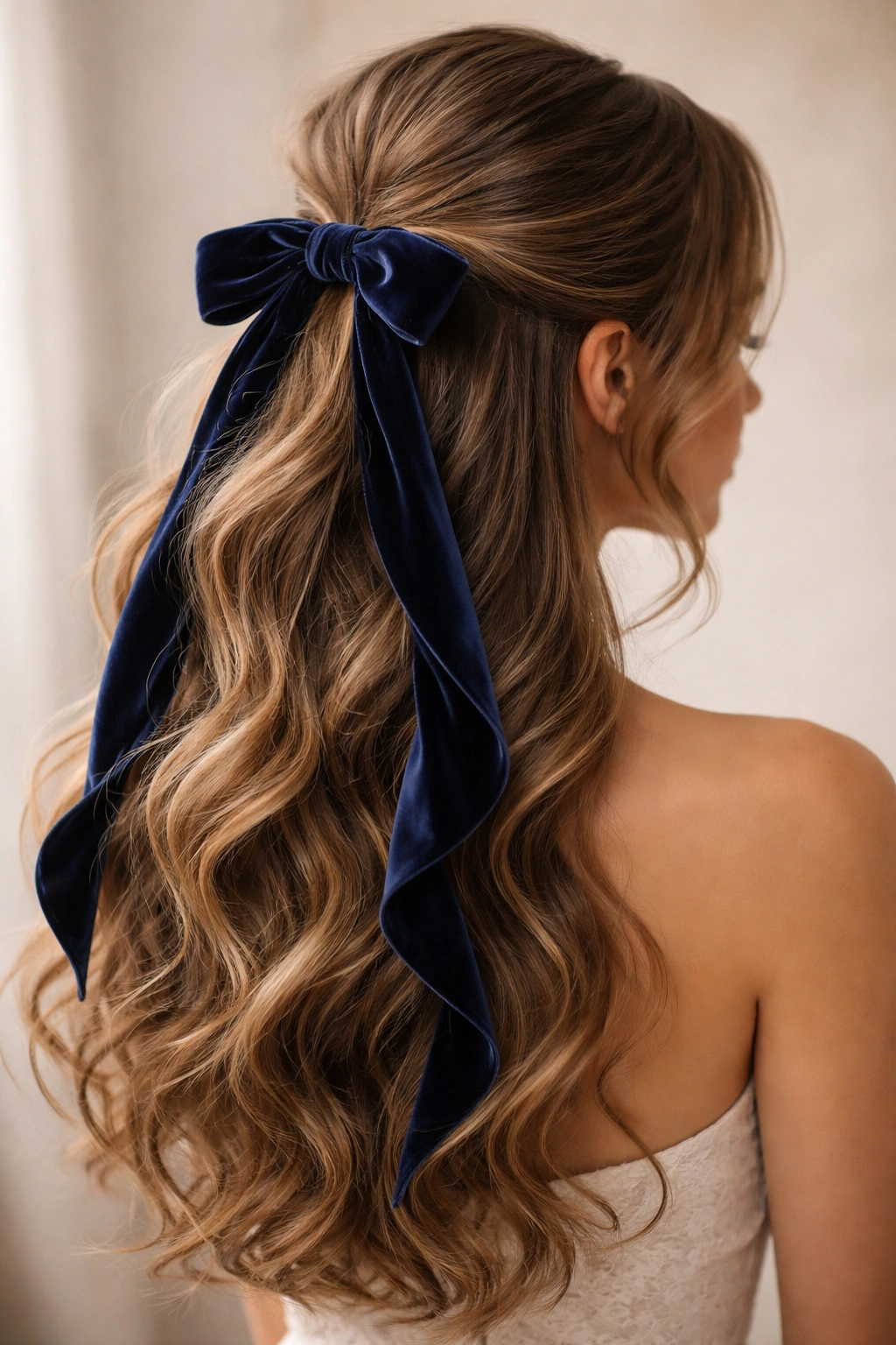 Half-up ponytail with velvet ribbon woven through waves
