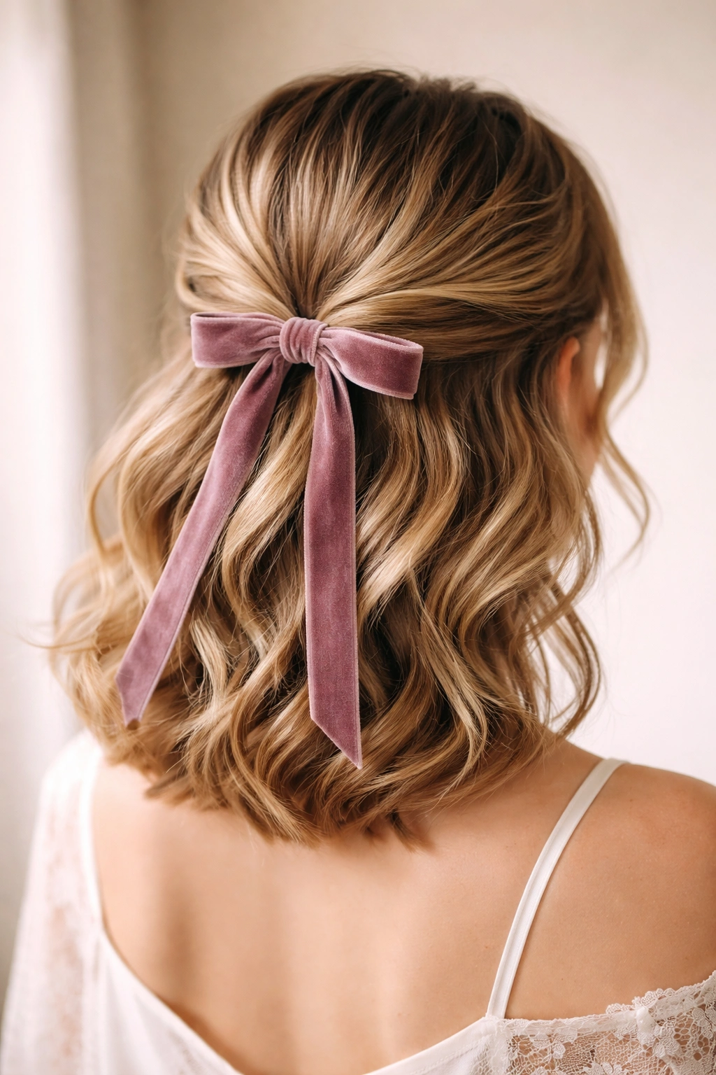 Velvet ribbon wrapped half-up with bow at back on short hair.
