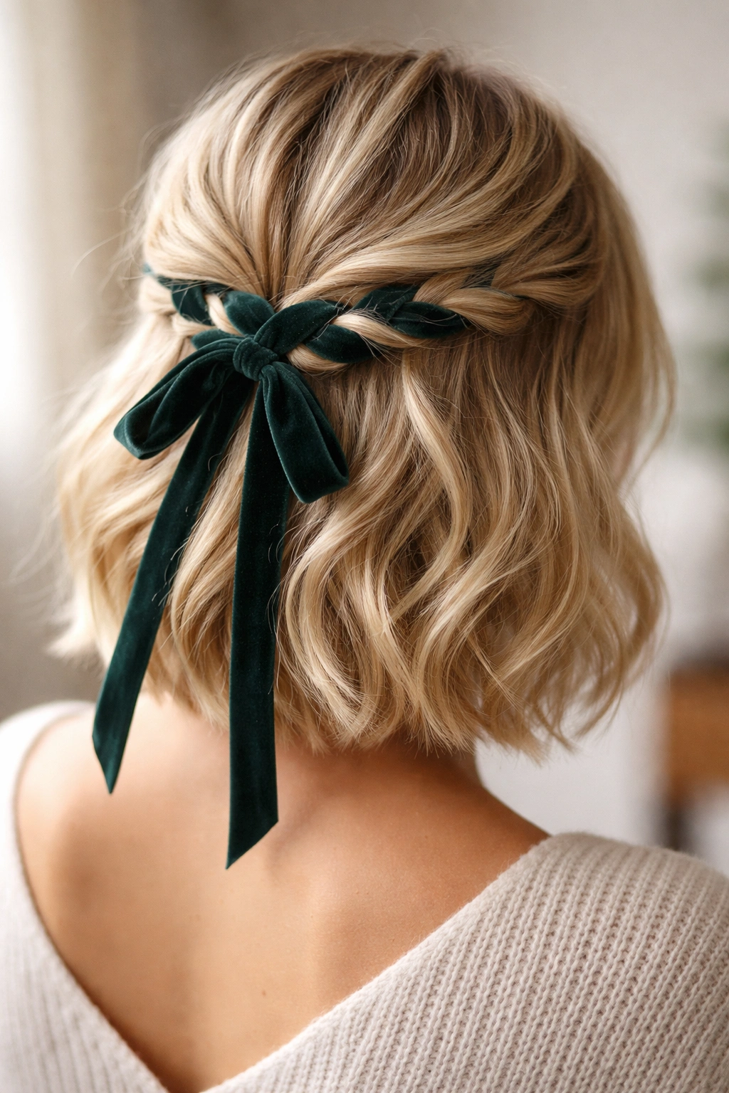 Half-up gathered hair with velvet ribbon woven through on short blonde hair