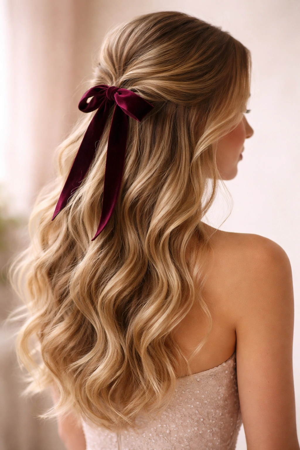 Half-up half-down hairstyle with velvet ribbon accent in soft waves