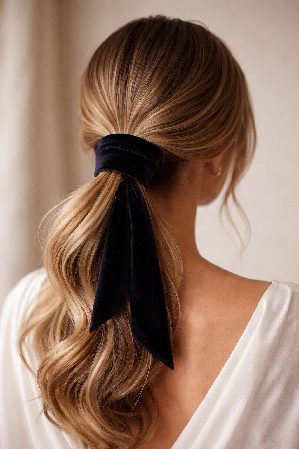 Low ponytail wrapped with velvet ribbon concealing elastic, close-up
