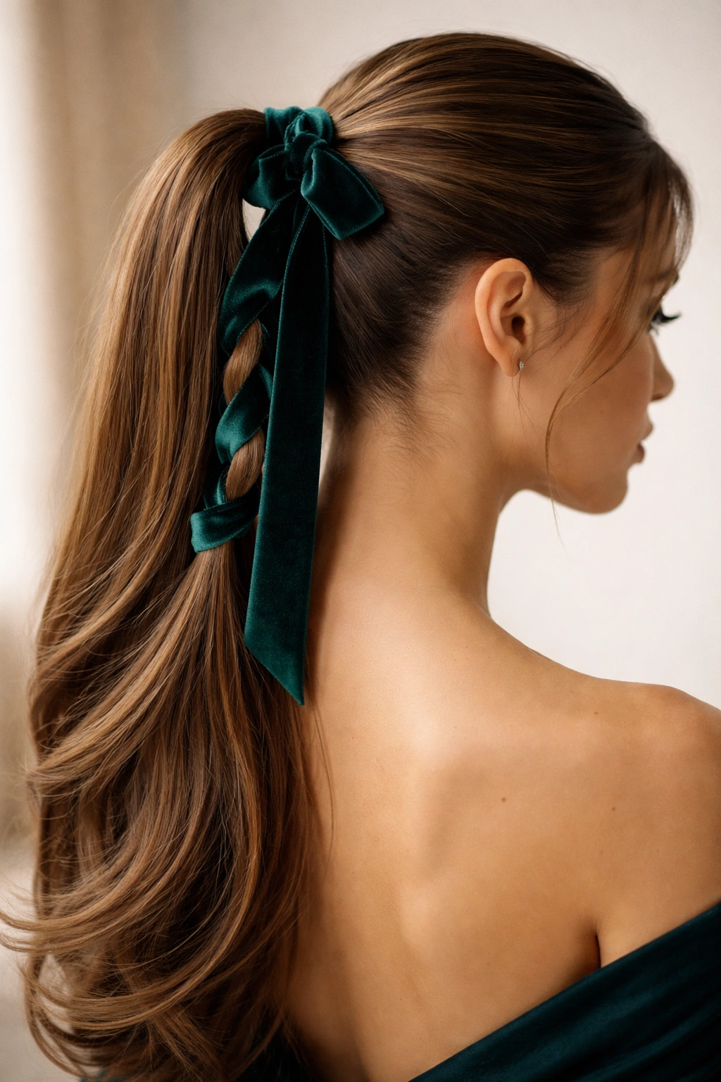 Close-up of a high sleek ponytail with velvet ribbon woven at the base in jewel tones.