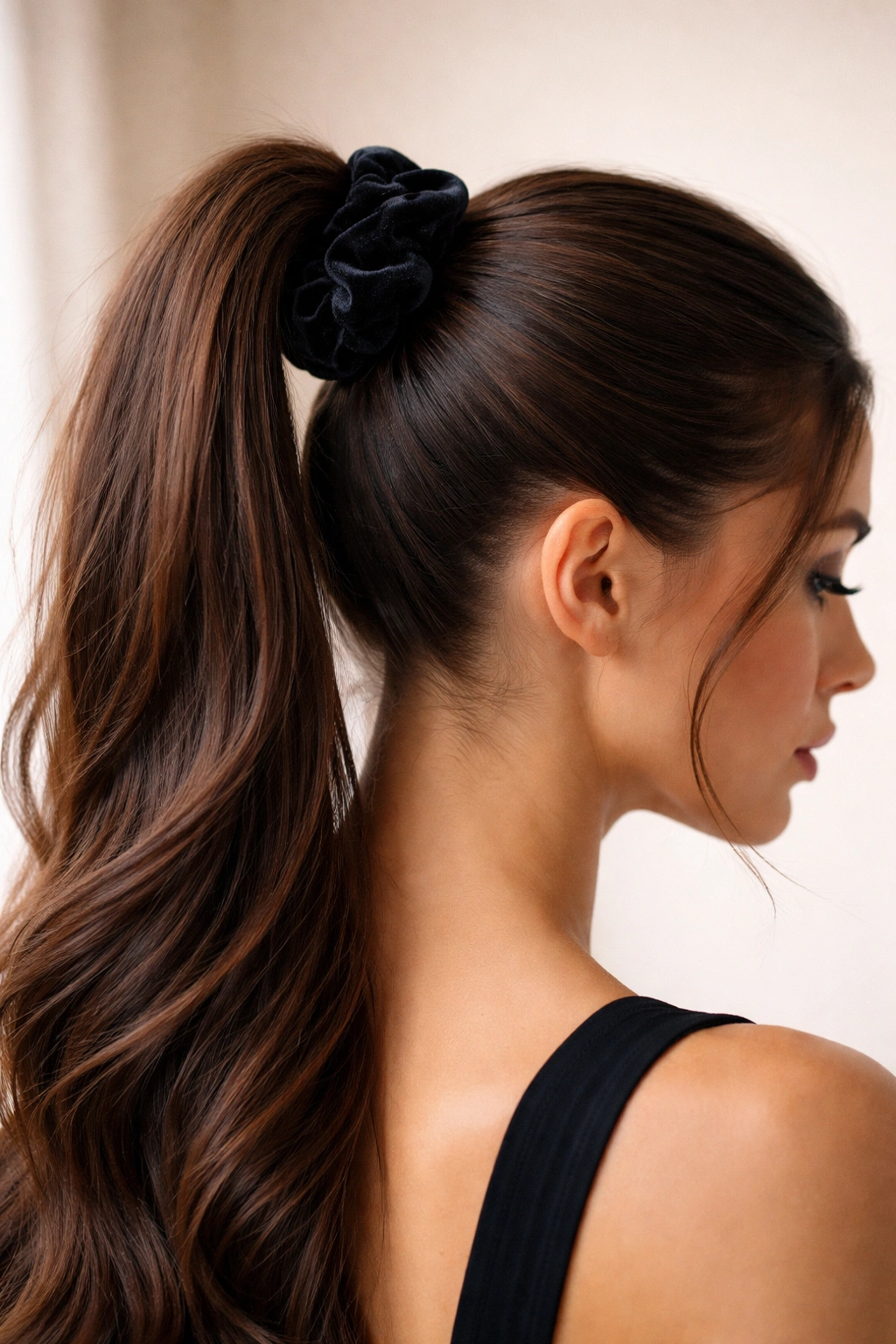 High ponytail with velvet scrunchie wrap