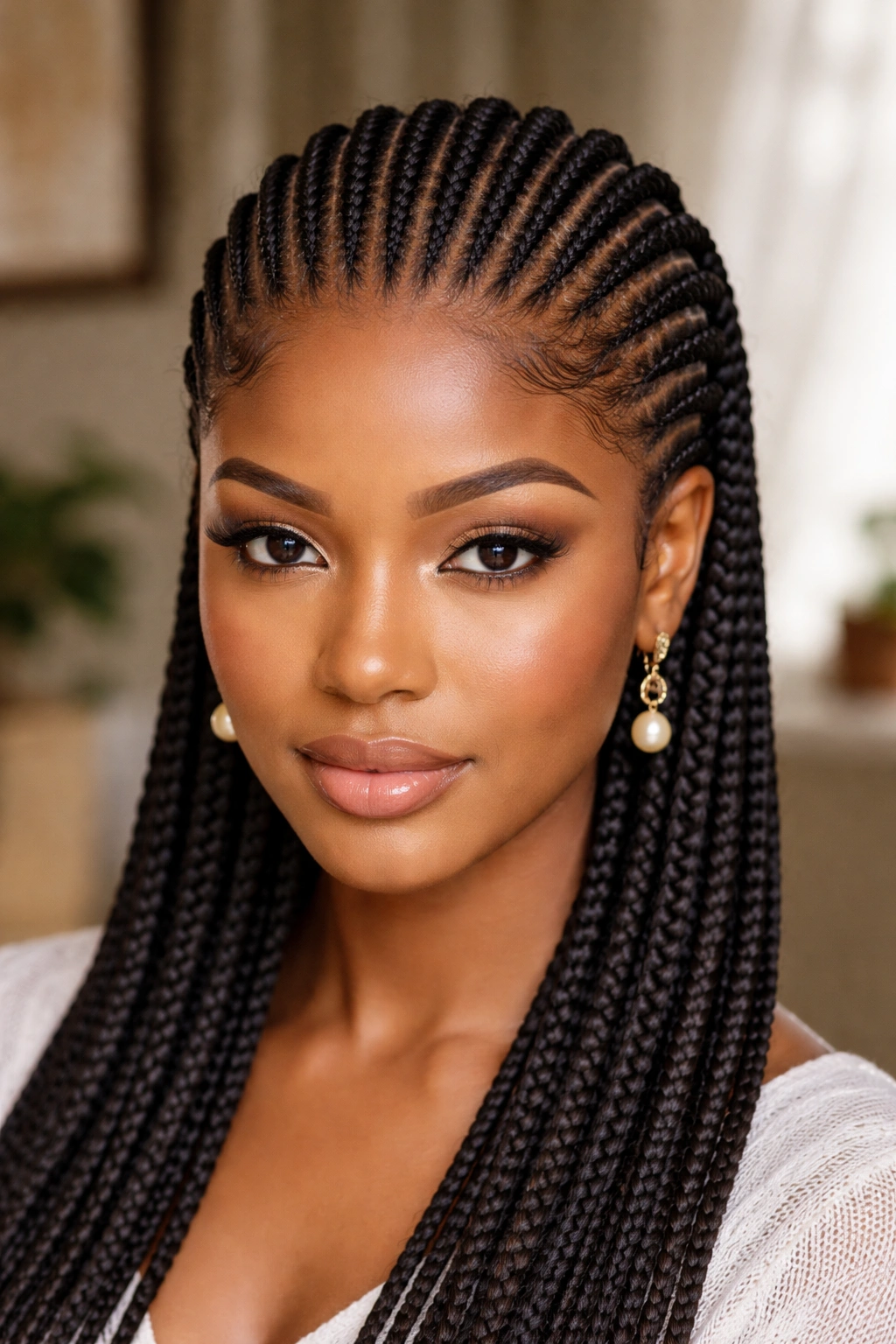Vertical cornrows from hairline to nape in neat straight lines