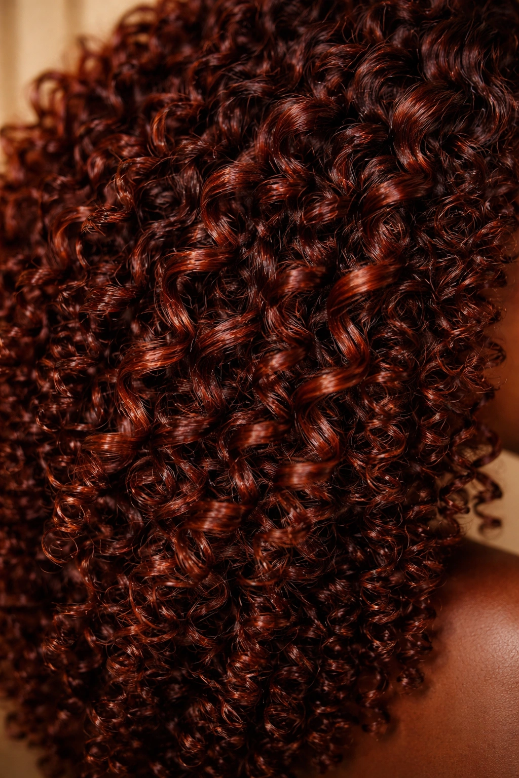 Close-up of coily hair in vibrant auburn with warm tones
