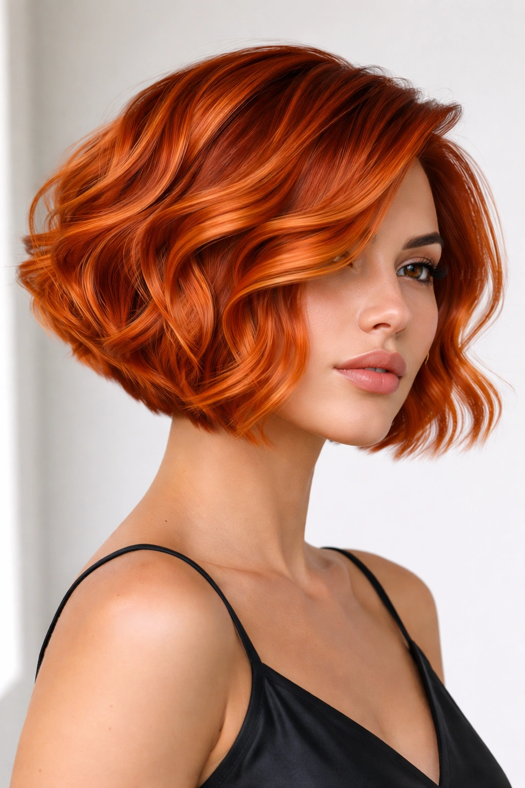 Vibrant copper geometric wave bob with angular, sculptural waves