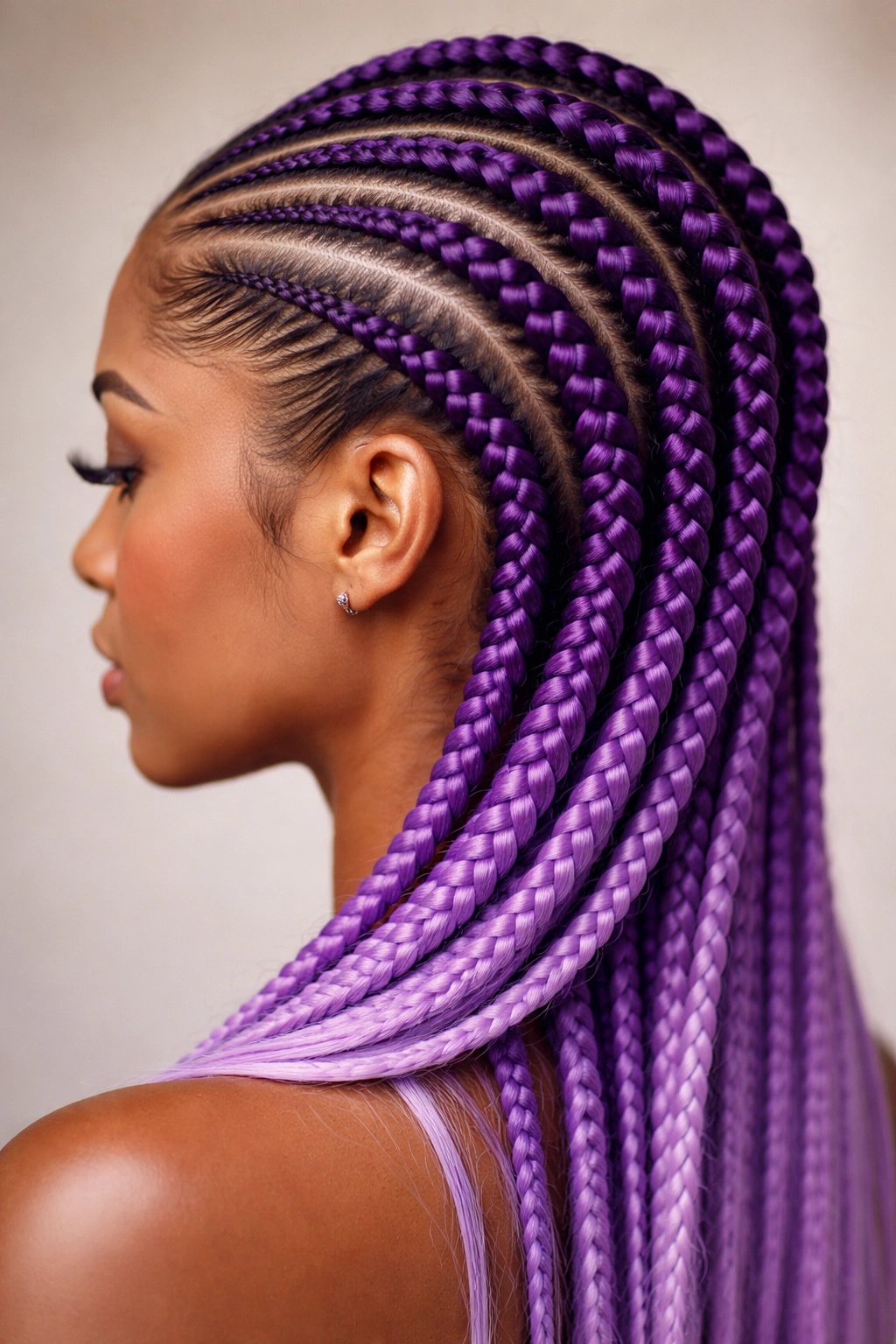 Close-up of vibrant purple feed-in cornrows in studio lighting.
