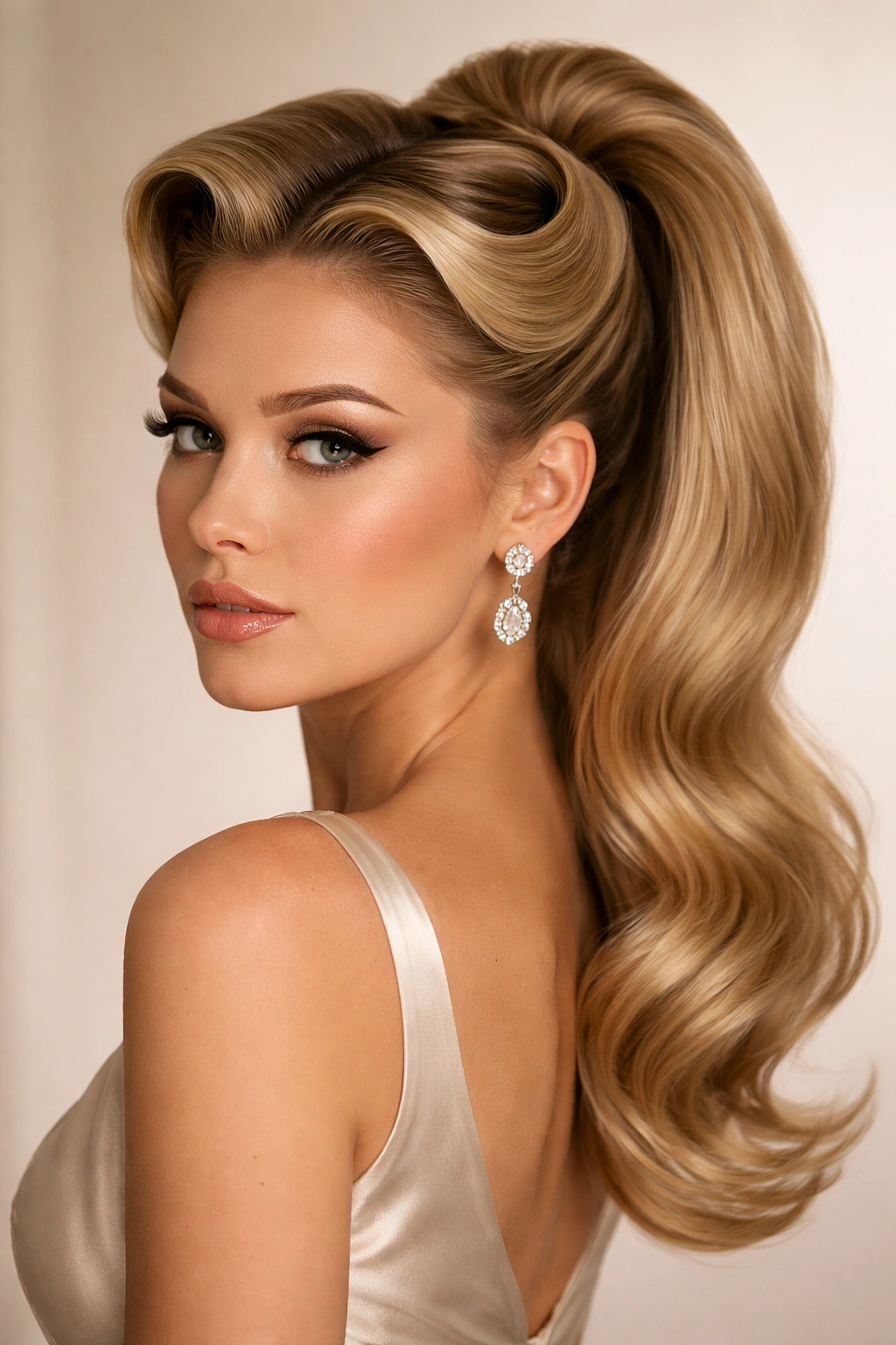 Two victory rolls framing the head merging into a ponytail