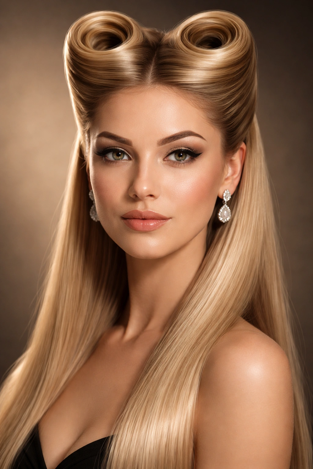 Symmetrical victory rolls atop straight hair forming an architectural vintage updo.