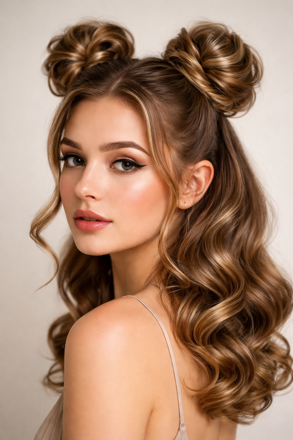 Close-up of vintage curled space buns with defined curls