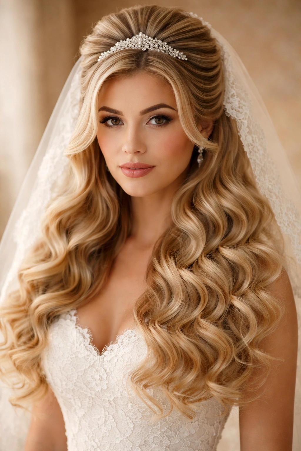 Close-up of vintage curled half up with lace veil and vintage clip