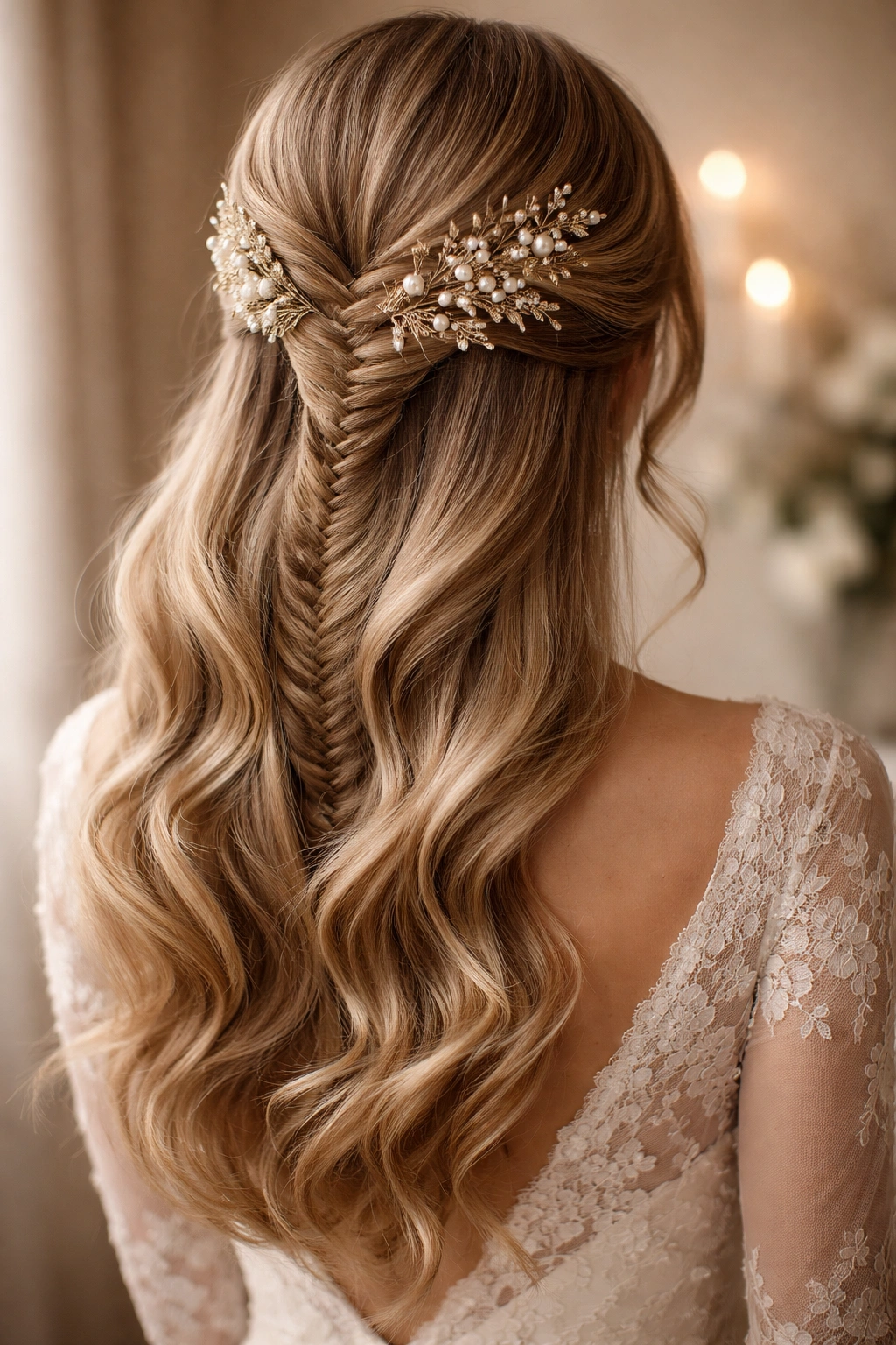 Vintage fishtail half updo with floral sprays cascading